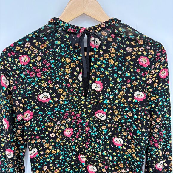 Topshop Floral Bell Sleeve Stretch Knit Boho Top Sz 2, Tie Back Hippie Whimsical - Picture 6 of 10